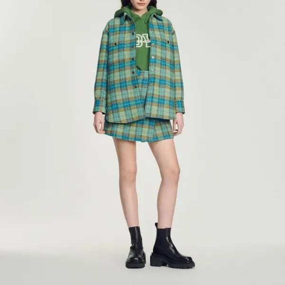 Sandro Paris Teal Blue Plaid Wool Blend Shacket Shirt‎ Jacket Size 38 US 6